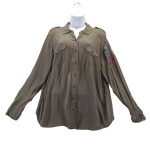 Torrid Women Sz 00 Army Green Embroidered Flowers Long Sleeve Button Down Shirt